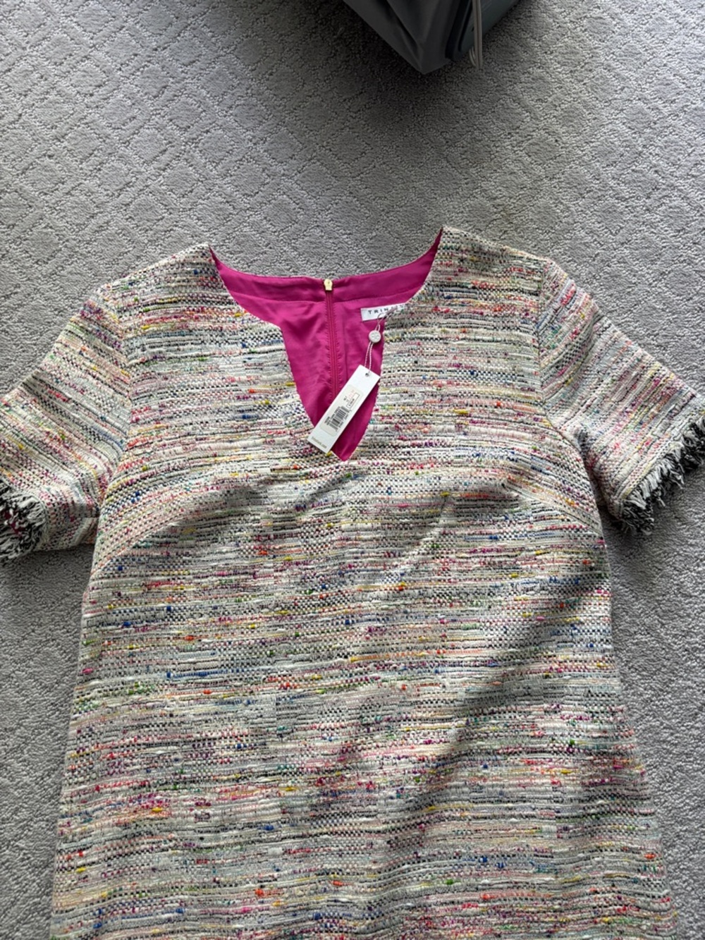 Trina Turk Cream Multicolor Tweed Shift Dress with Fuchsia Accents - Picture 7 of 16